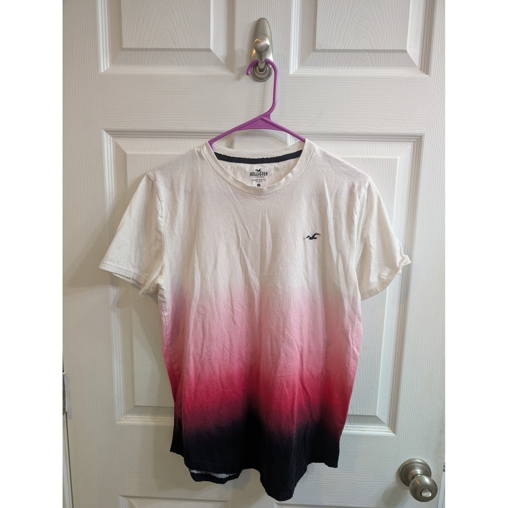 Hollister Men's Ombre Dip Dye Curvedā Hem Tee Shirt White Pink Black - Size M